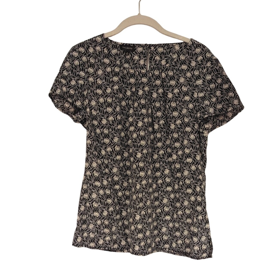Talbots Womens Black White Floral Print‎ Silk Short Sleeve Blouse Size 2